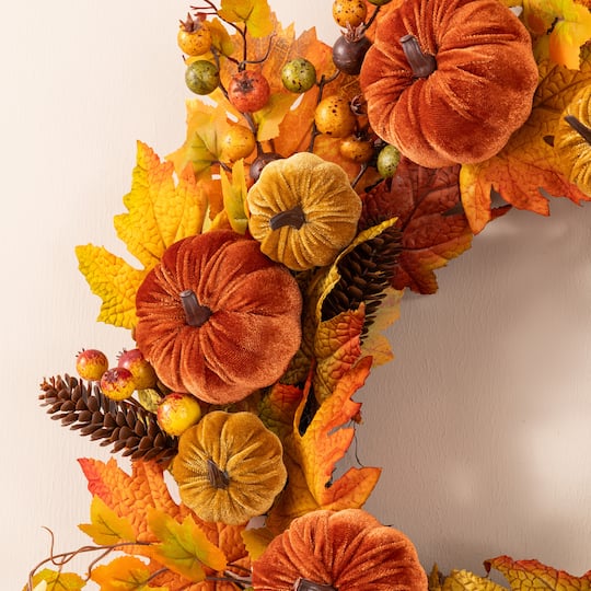 Glitzhome® 24" Fall Velvet Pumpkin, Pinecone & Berry Wreath with Black Metal Wreath Hanger